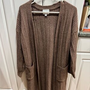 Pink Rose Long Brown Ribbed Cardigan